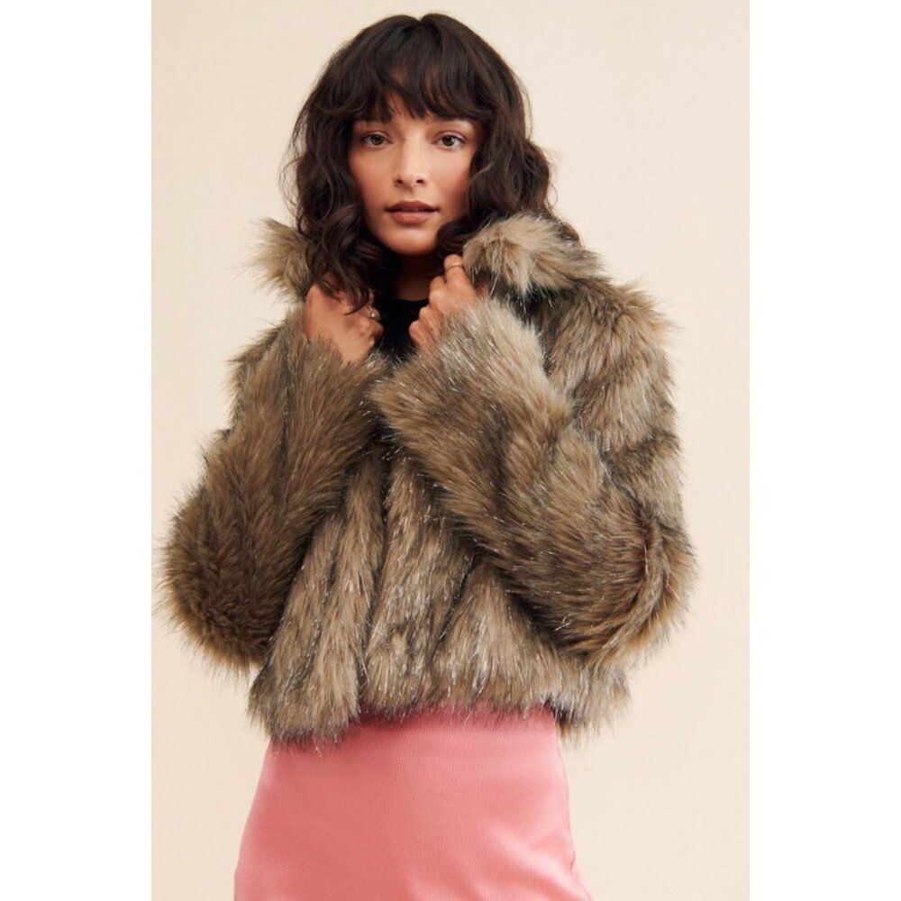 UNREAL FUR X NUULY Stardust Faux Fur Cropped Jacket Metallic Mob Wife Glam Coat